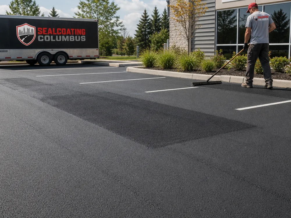 Fresh rectangular saw-cut asphalt patches blended into an existing commercial parking lot