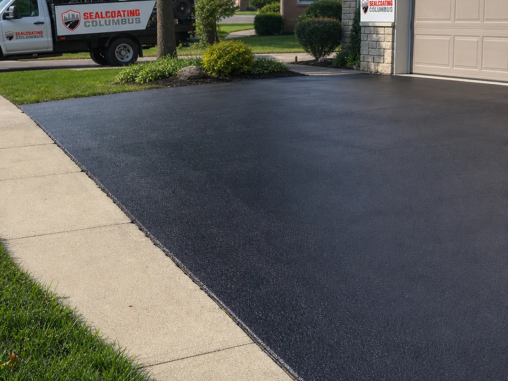 Finished sealcoating job with consistent coverage and neat cut-in along a concrete sidewalk