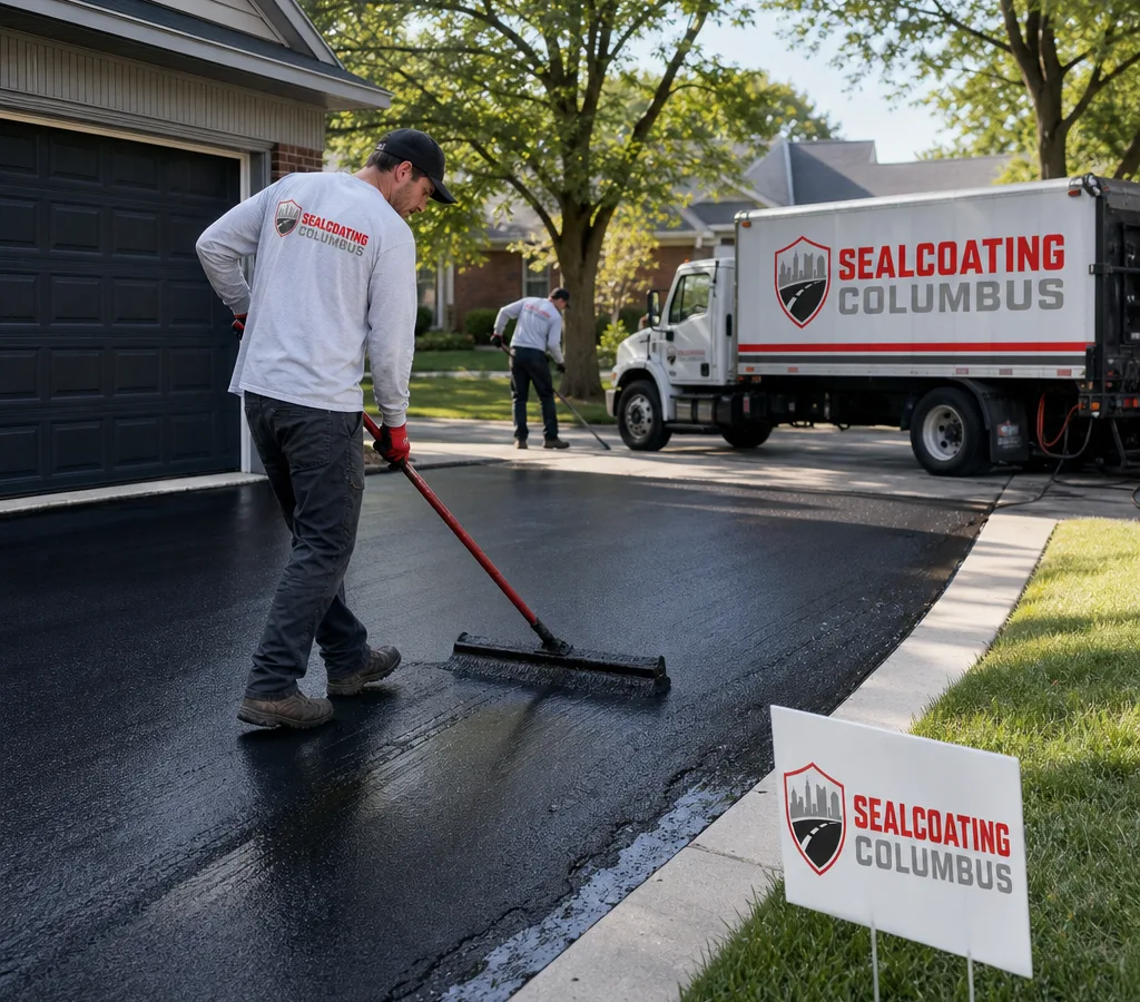Crew applying asphalt sealer on a Columbus residential driveway with crisp edges