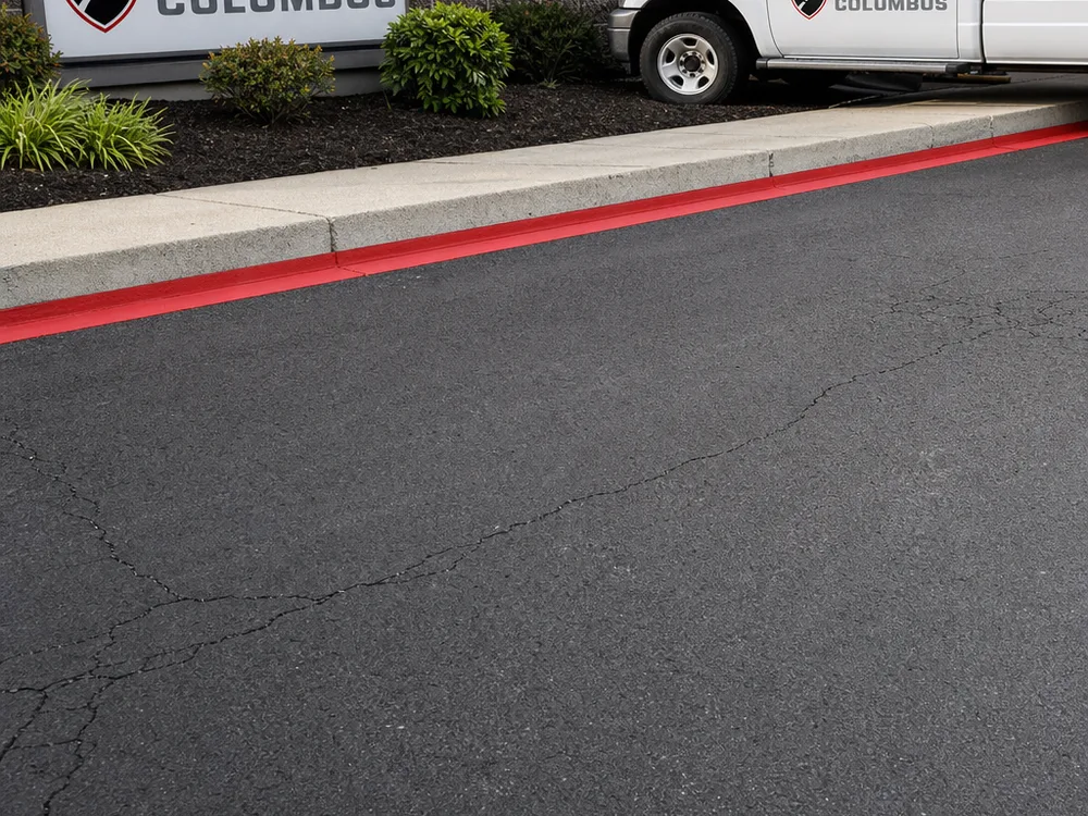 Cleaned asphalt with visible cracks and masked concrete edges ready for sealcoating