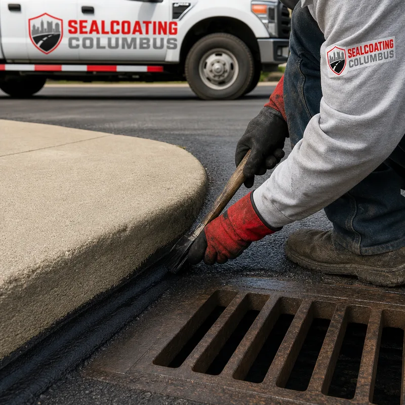 Clean sealcoat edge along a concrete curb and around a catch basin on a commercial lot