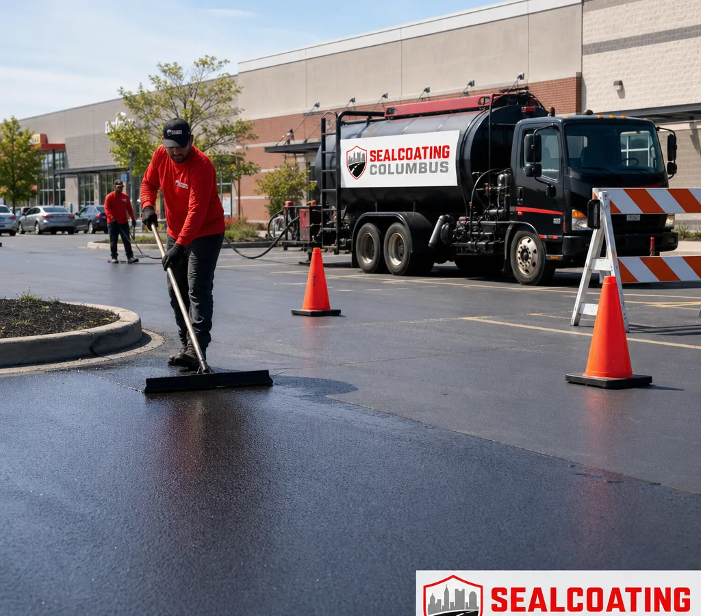 Crew applying sealcoat to an active commercial parking lot in Columbus with cones and barricades controlling traffic flow