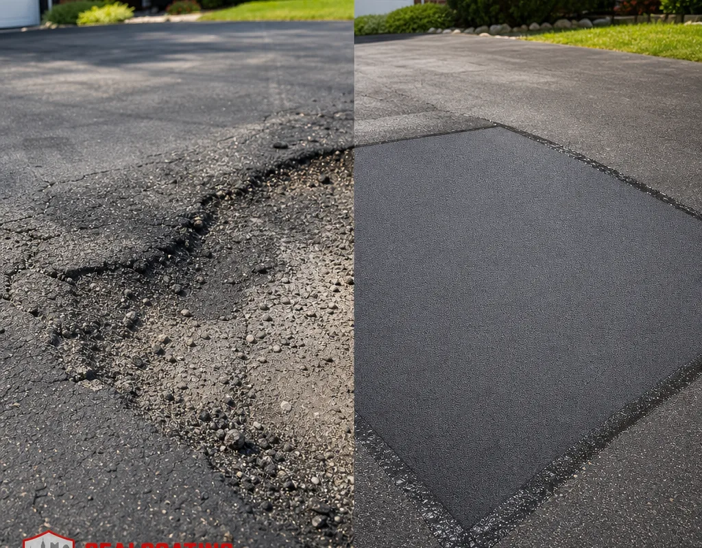 Before-and-after view of a Columbus driveway pothole repaired with a saw-cut compacted asphalt patch