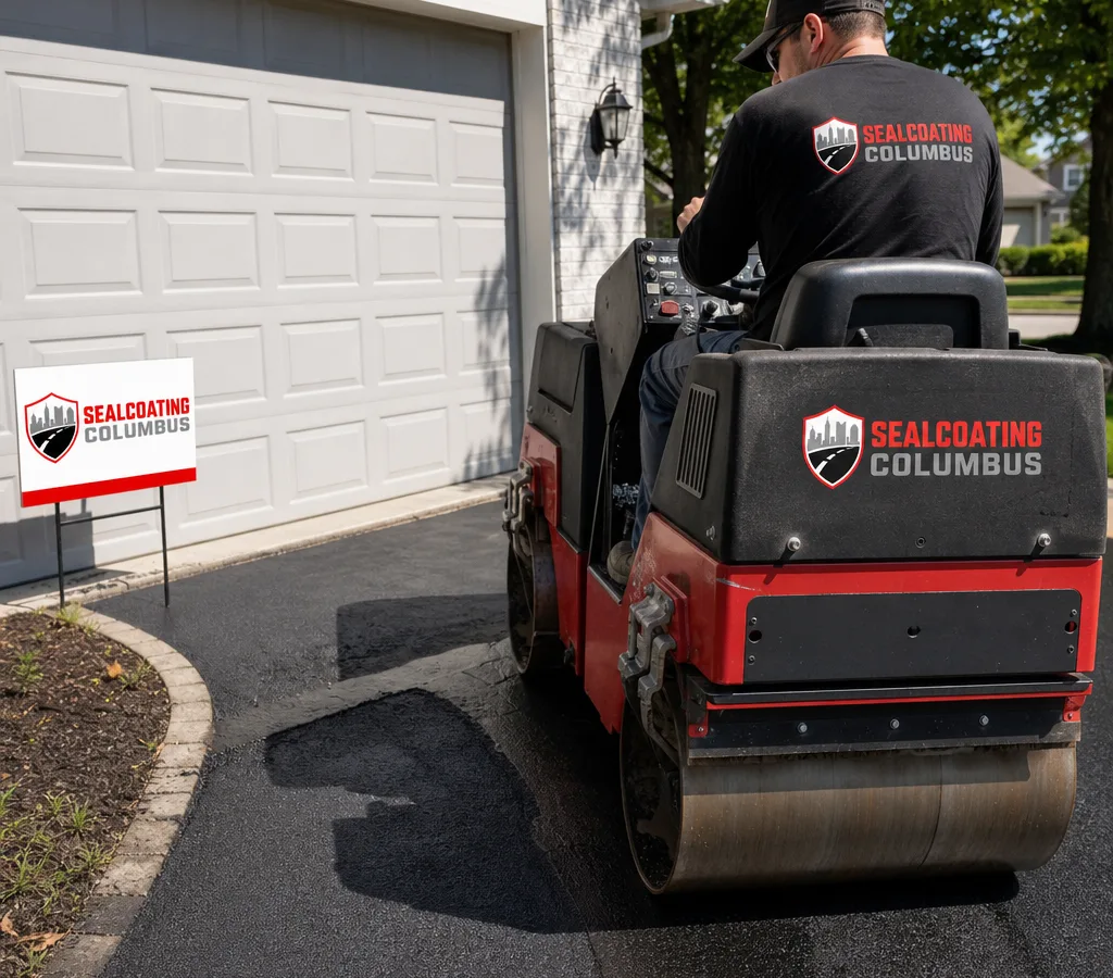 Crew compacting a fresh asphalt driveway repair near a residential garage apron in Columbus
